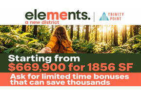 Supplied Elements promotional graphic advertising homes from $669,900 for 1,856 sq. ft. and limited-time bonuses; confirm current pricing and incentives.
