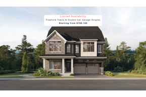 Supplied Five Oaks promotional graphic showing a home rendering and advertised pricing for freehold towns and double-car-garage singles; confirm current details.